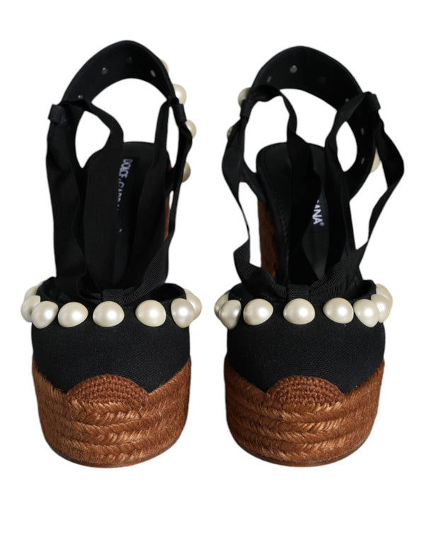 Black Pearl Wedge Heels Sandals Shoes Dolce & Gabbana