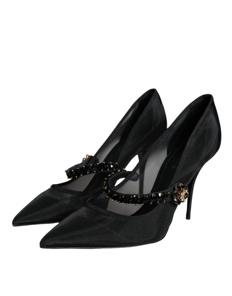 Black Mesh Mary Jane Crystal Heel Pumps Shoes Dolce & Gabbana