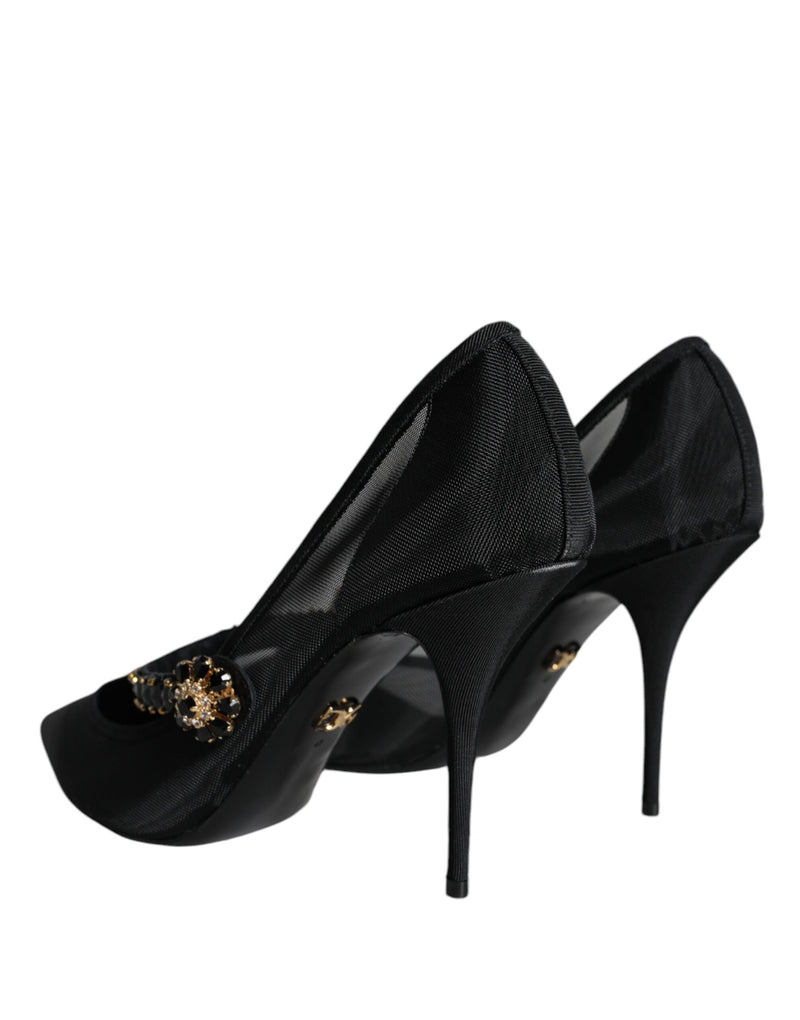 Black Mesh Mary Jane Crystal Heel Pumps Shoes Dolce & Gabbana