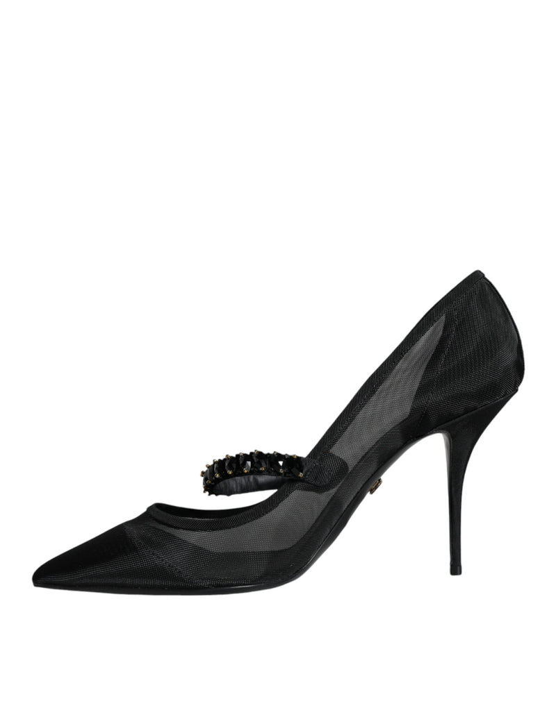 Black Mesh Mary Jane Crystal Heel Pumps Shoes Dolce & Gabbana