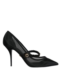 Black Mesh Mary Jane Crystal Heel Pumps Shoes Dolce & Gabbana