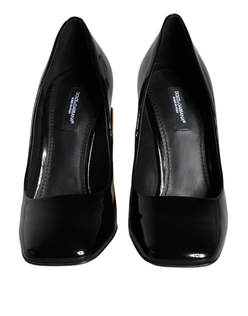 Black Gold Patent Leather Logo Heels Pumps Shoes Dolce & Gabbana