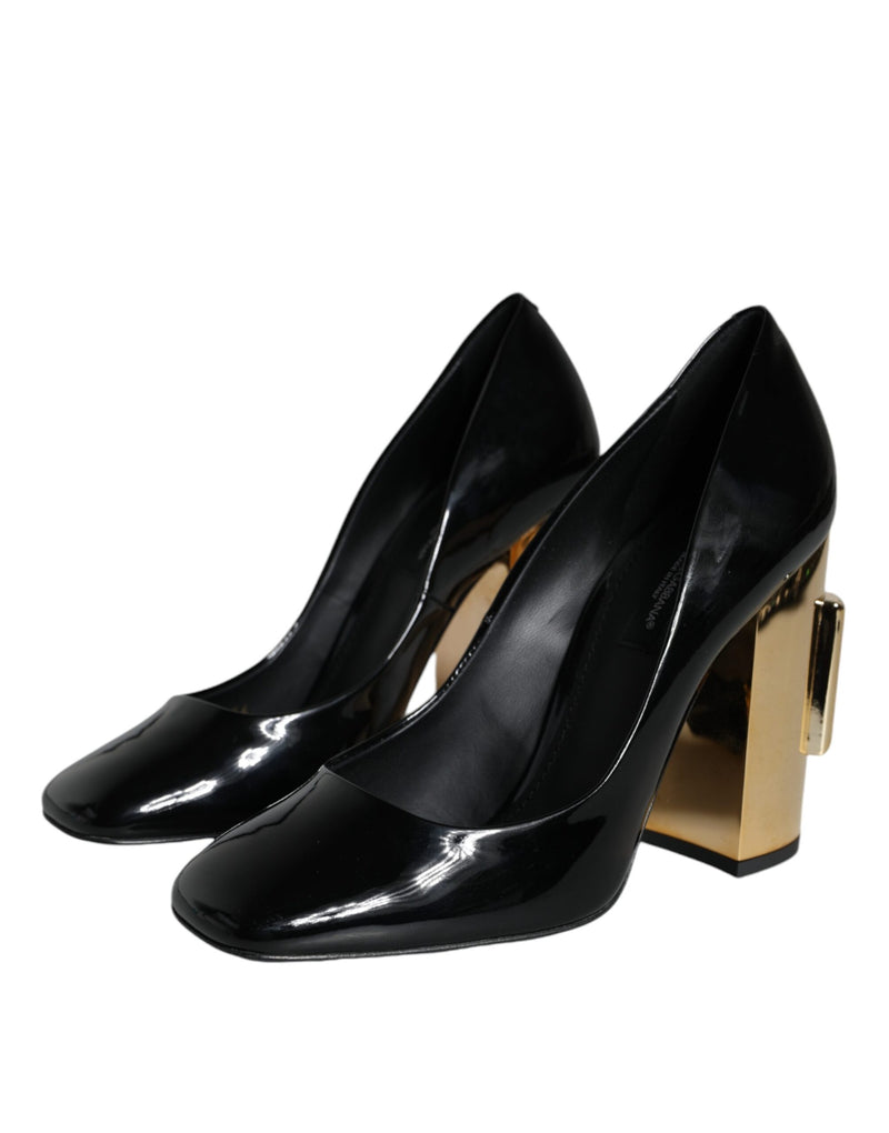 Black Gold Patent Leather Logo Heels Pumps Shoes Dolce & Gabbana