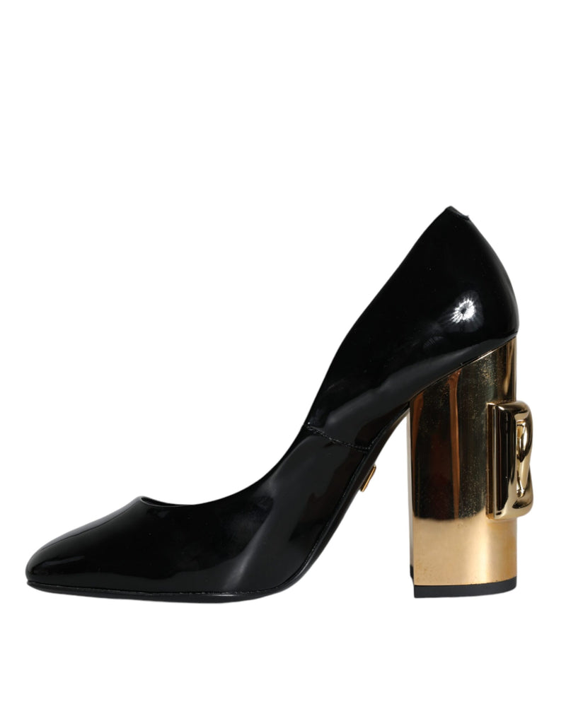 Black Gold Patent Leather Logo Heels Pumps Shoes Dolce & Gabbana