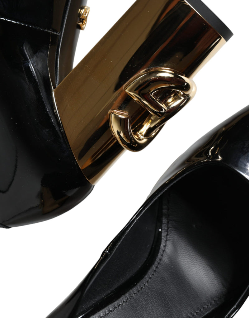 Black Gold Patent Leather Logo Heels Pumps Shoes Dolce & Gabbana