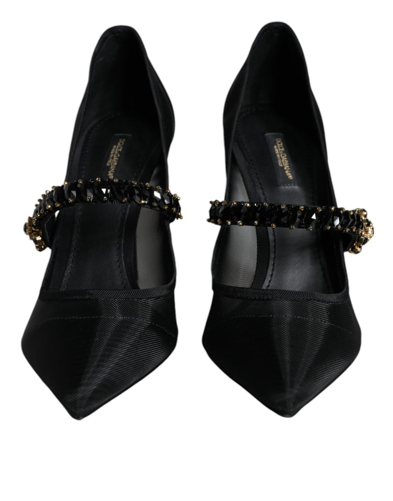 Black Mesh Mary Jane Crystal Heel Pumps Shoes Dolce & Gabbana