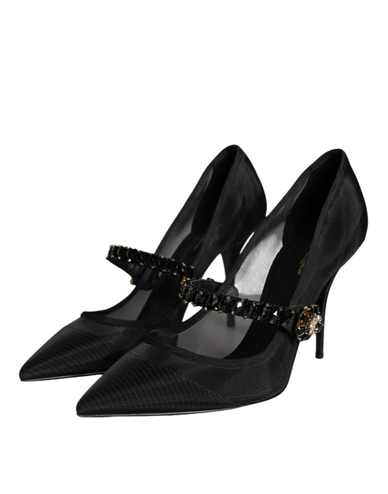 Black Mesh Mary Jane Crystal Heel Pumps Shoes Dolce & Gabbana