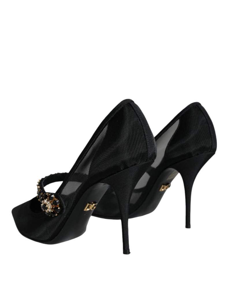 Black Mesh Mary Jane Crystal Heel Pumps Shoes Dolce & Gabbana