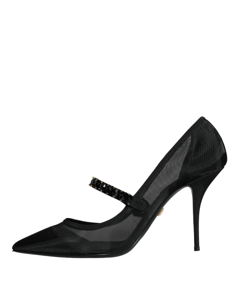 Black Mesh Mary Jane Crystal Heel Pumps Shoes Dolce & Gabbana