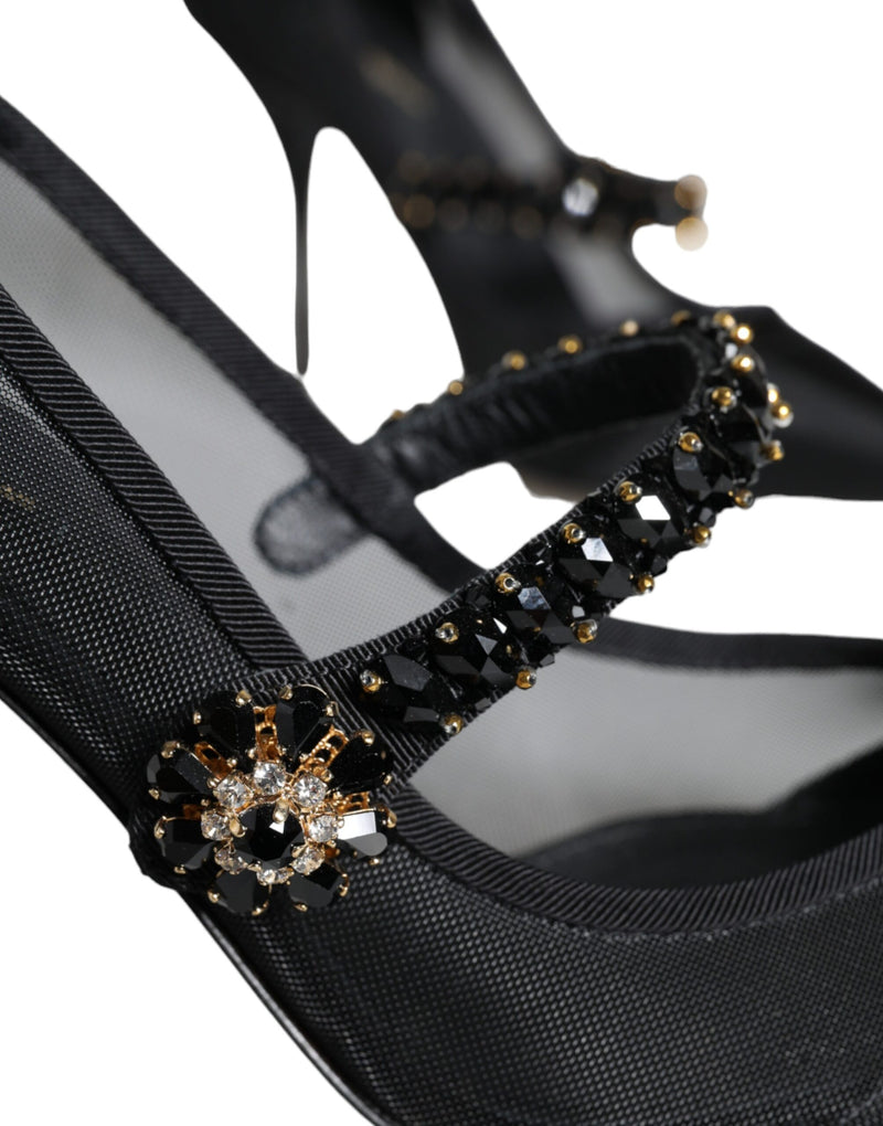 Black Mesh Mary Jane Crystal Heel Pumps Shoes Dolce & Gabbana