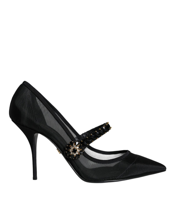 Black Mesh Mary Jane Crystal Heel Pumps Shoes Dolce & Gabbana