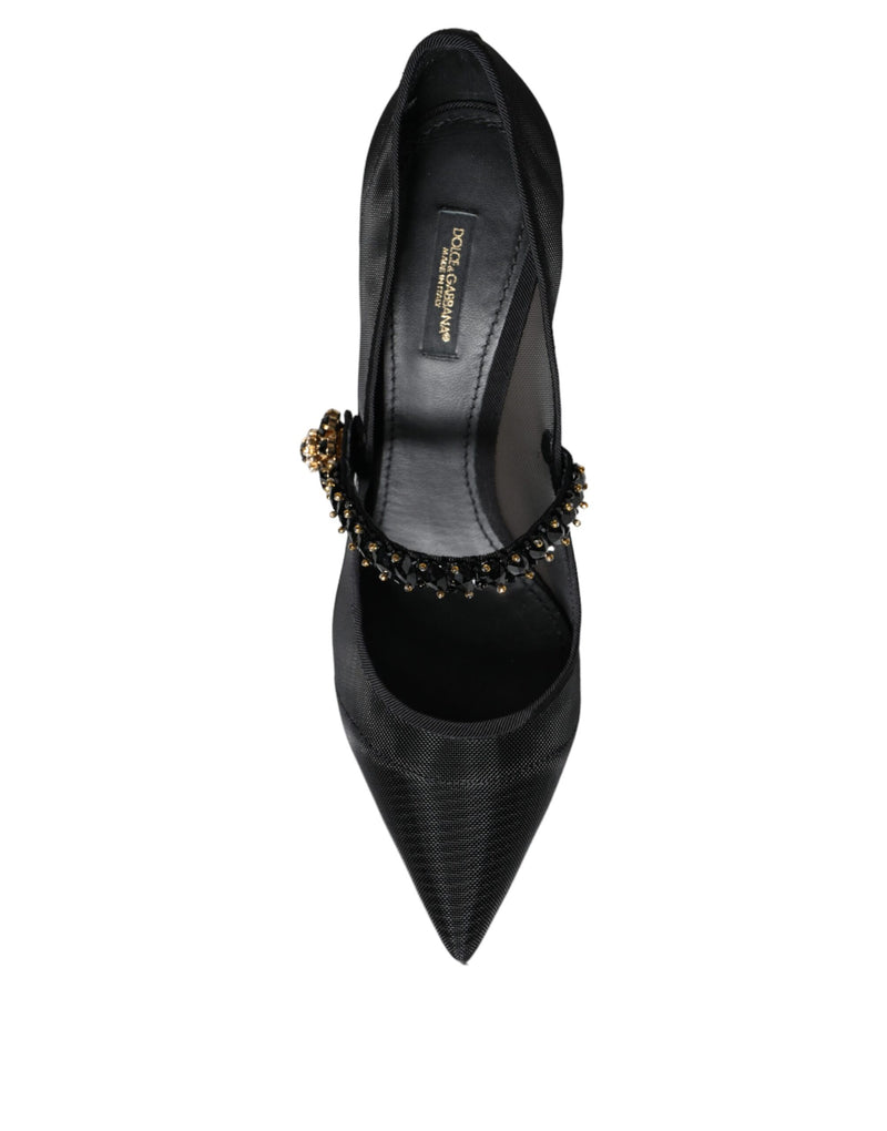 Black Mesh Mary Jane Crystal Heel Pumps Shoes Dolce & Gabbana