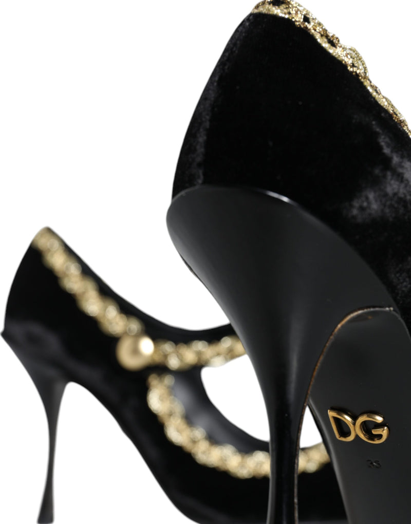 Black Mary Janes Velvet Gold Pumps Shoes Dolce & Gabbana