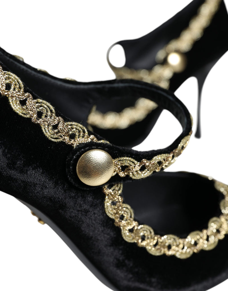 Black Mary Janes Velvet Gold Pumps Shoes Dolce & Gabbana