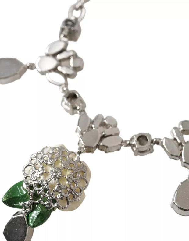 Silver Brass Clear Crystal Roses Pendants Necklace Dolce & Gabbana