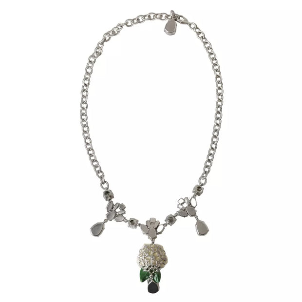 Silver Brass Clear Crystal Roses Pendants Necklace Dolce & Gabbana