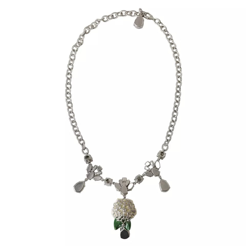 Silver Brass Clear Crystal Roses Pendants Necklace Dolce & Gabbana