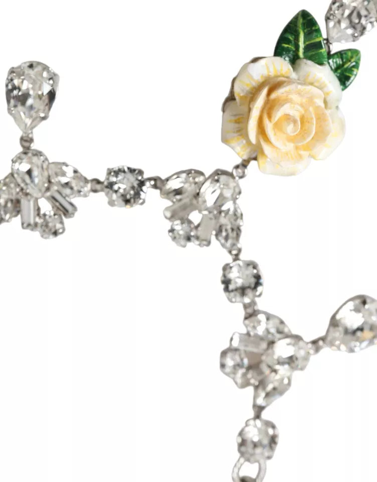 Silver Brass Clear Crystal Roses Pendants Necklace Dolce & Gabbana