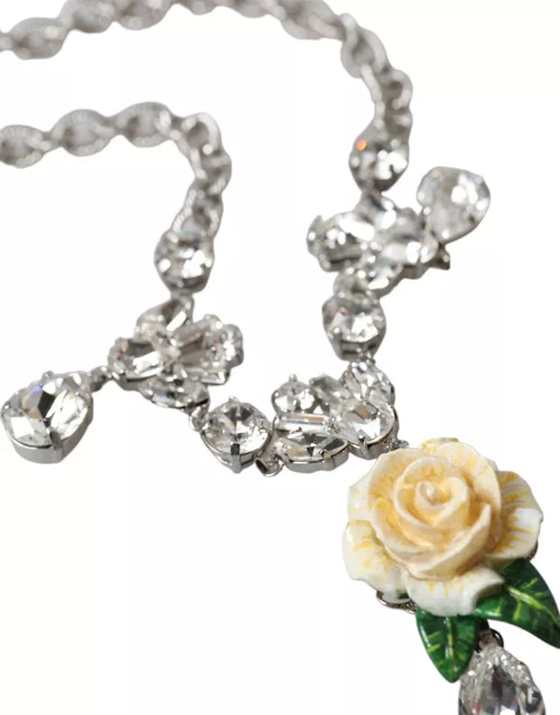 Silver Brass Clear Crystal Roses Pendants Necklace Dolce & Gabbana