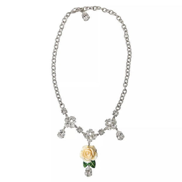 Silver Brass Clear Crystal Roses Pendants Necklace Dolce & Gabbana