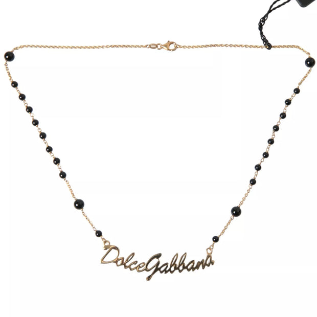 Gold Sterling Silver 925 Black Beaded Rosary Chain Necklace Dolce & Gabbana