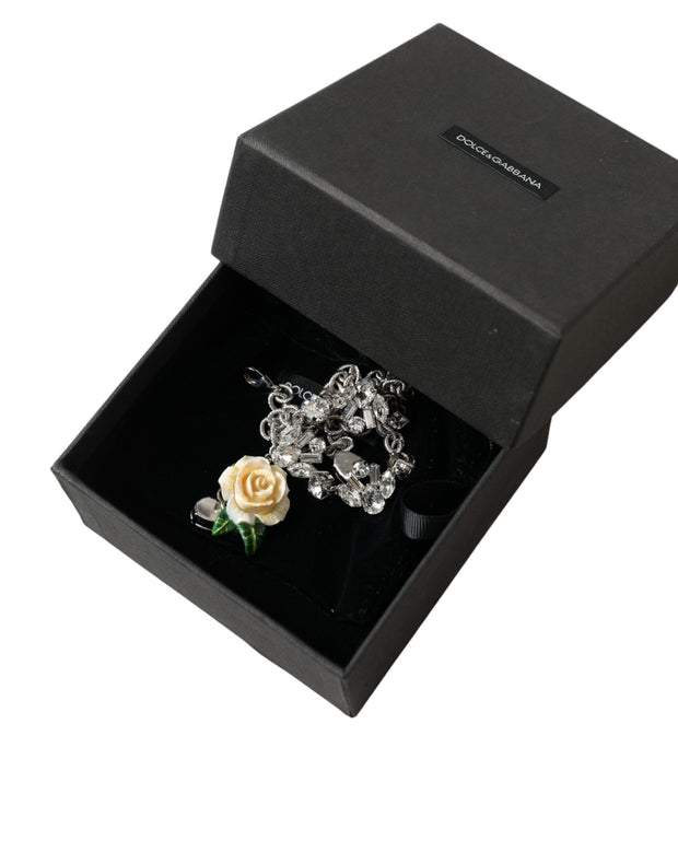 Silver Brass Clear Crystal Roses Pendants Necklace Dolce & Gabbana