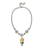 Silver Brass Clear Crystal Roses Pendants Necklace Dolce & Gabbana