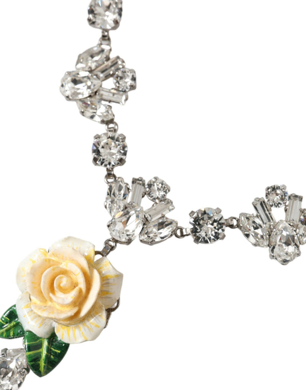 Silver Brass Clear Crystal Roses Pendants Necklace Dolce & Gabbana