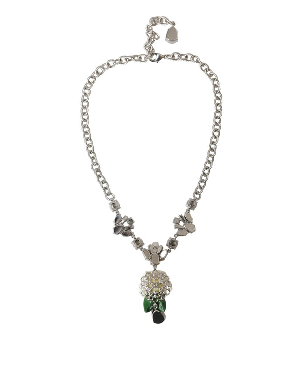 Silver Brass Clear Crystal Roses Pendants Necklace Dolce & Gabbana