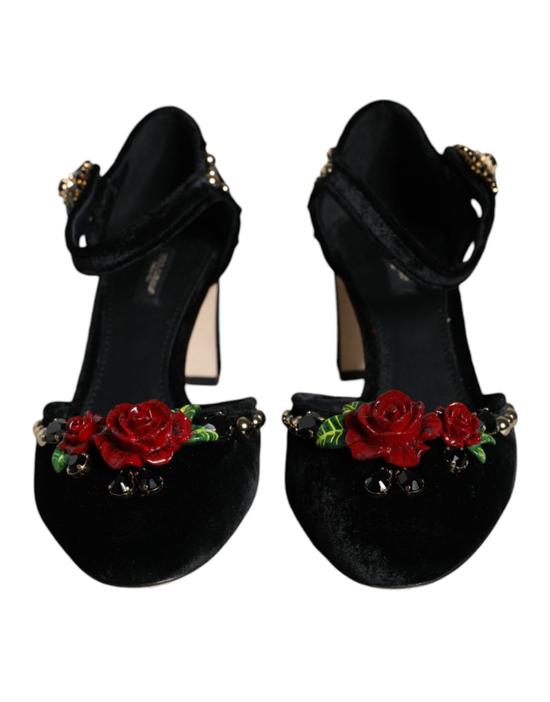 Black Velvet Roses Ankle Strap Pumps Shoes Dolce & Gabbana