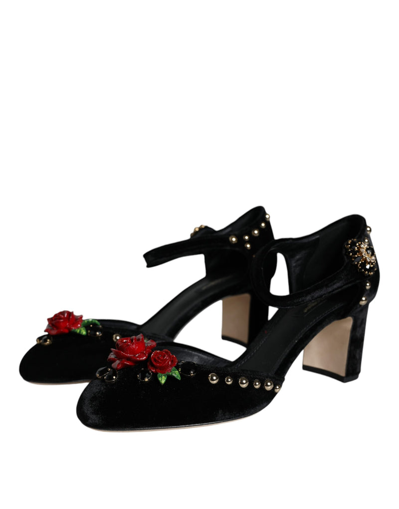 Black Velvet Roses Ankle Strap Pumps Shoes Dolce & Gabbana