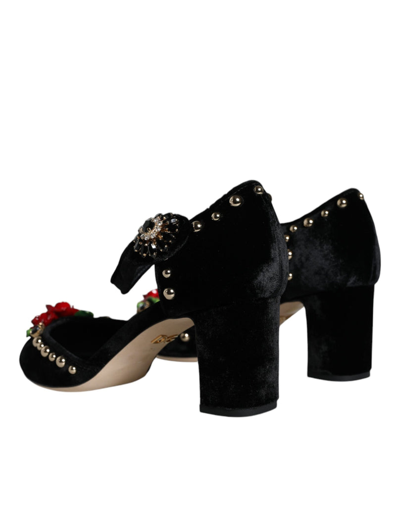 Black Velvet Roses Ankle Strap Pumps Shoes Dolce & Gabbana