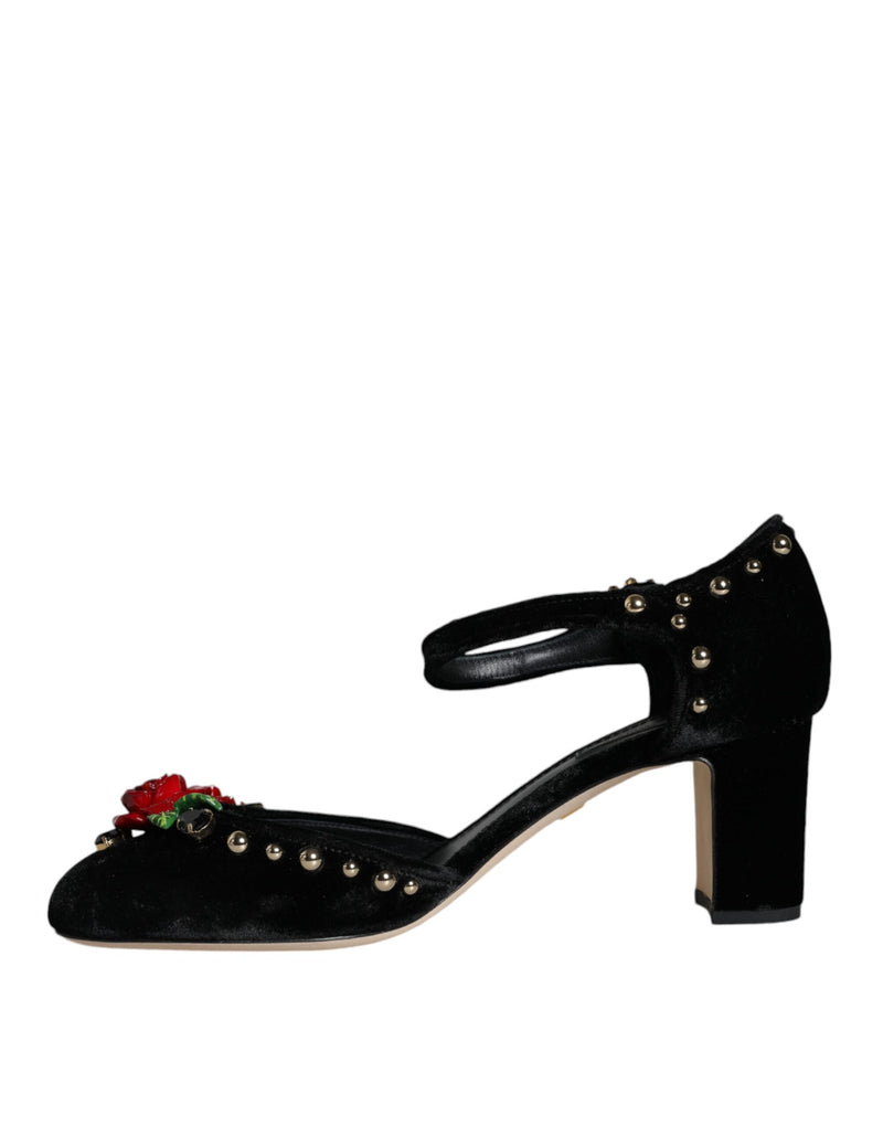 Black Velvet Roses Ankle Strap Pumps Shoes Dolce & Gabbana