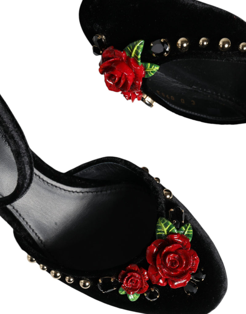 Black Velvet Roses Ankle Strap Pumps Shoes Dolce & Gabbana