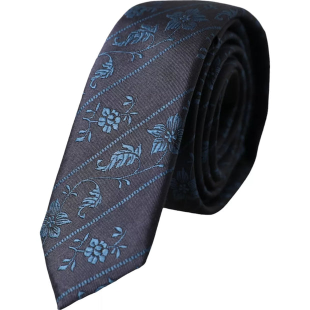 Dark Blue 100% Silk Floral Adjustable Men Tie Dolce & Gabbana