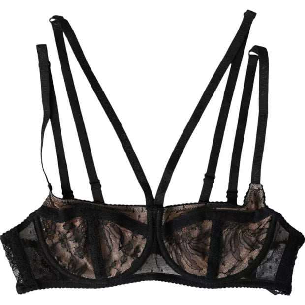 Black Floral Lace Nylon Balconcino Bra Underwear Dolce & Gabbana