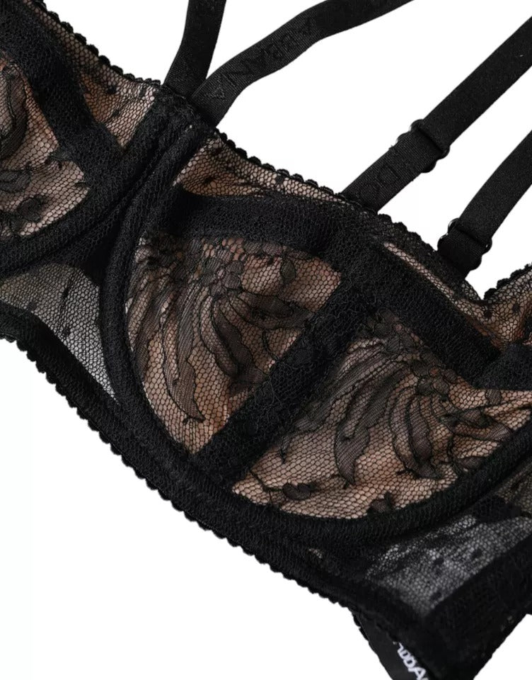 Black Floral Lace Nylon Balconcino Bra Underwear Dolce & Gabbana