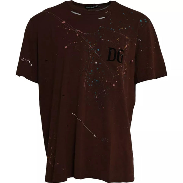 Brown Color Splash Cotton Crew Neck T-shirt Dolce & Gabbana