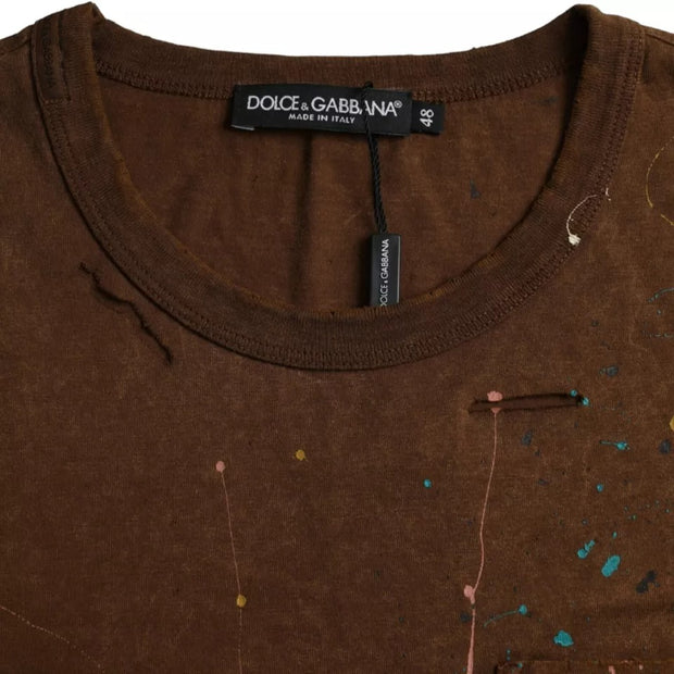 Brown Color Splash Cotton Crew Neck T-shirt Dolce & Gabbana