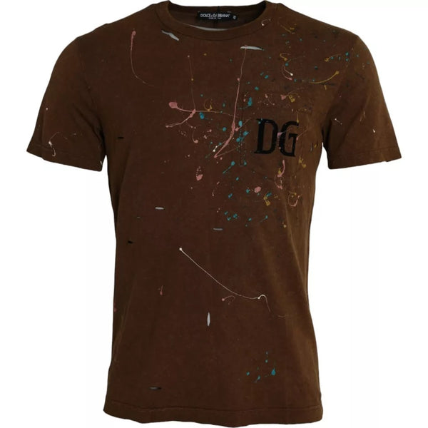 Brown Color Splash Cotton Crew Neck T-shirt Dolce & Gabbana