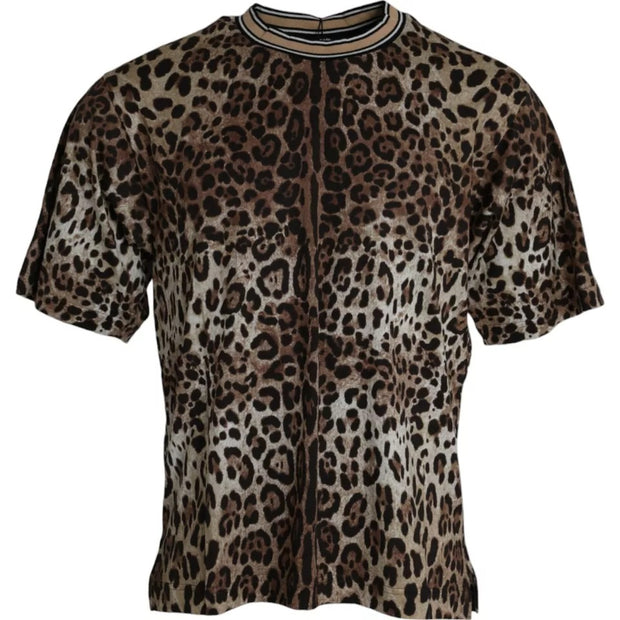 Brown Leopard Print Cotton Crew Neck T-shirt Dolce & Gabbana