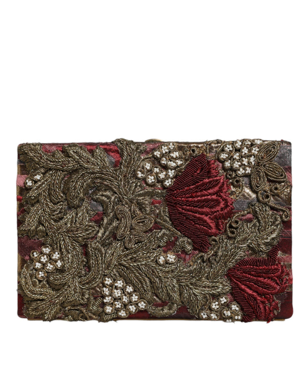 Maroon Gold Floral Jacquard Gold Frame Clutch Evening Purse Bag Dolce & Gabbana