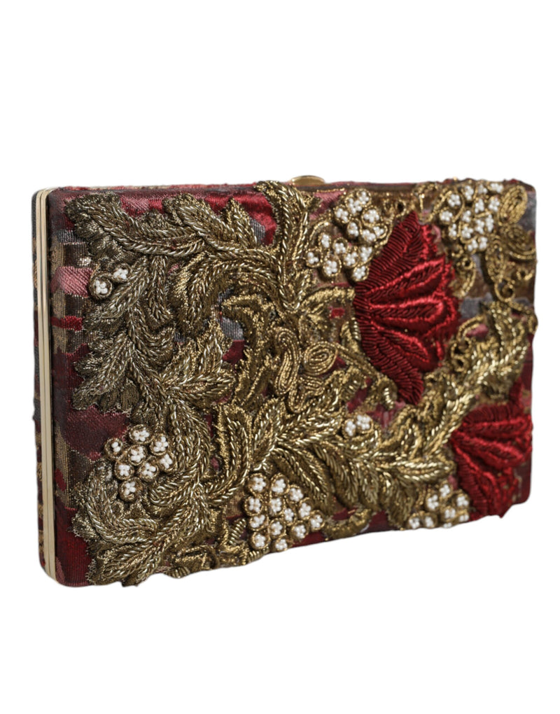 Maroon Gold Floral Jacquard Gold Frame Clutch Evening Purse Bag Dolce & Gabbana