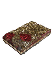 Maroon Gold Floral Jacquard Gold Frame Clutch Evening Purse Bag Dolce & Gabbana