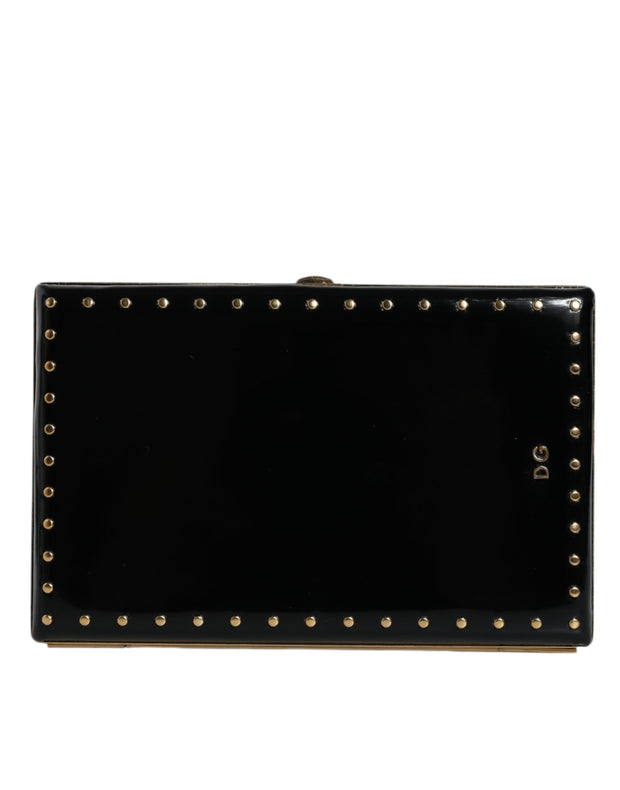 Black Leather Studs Gold Frame Clutch Evening Purse Bag Dolce & Gabbana