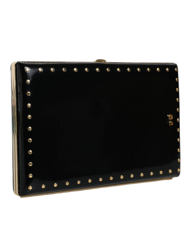 Black Leather Studs Gold Frame Clutch Evening Purse Bag Dolce & Gabbana