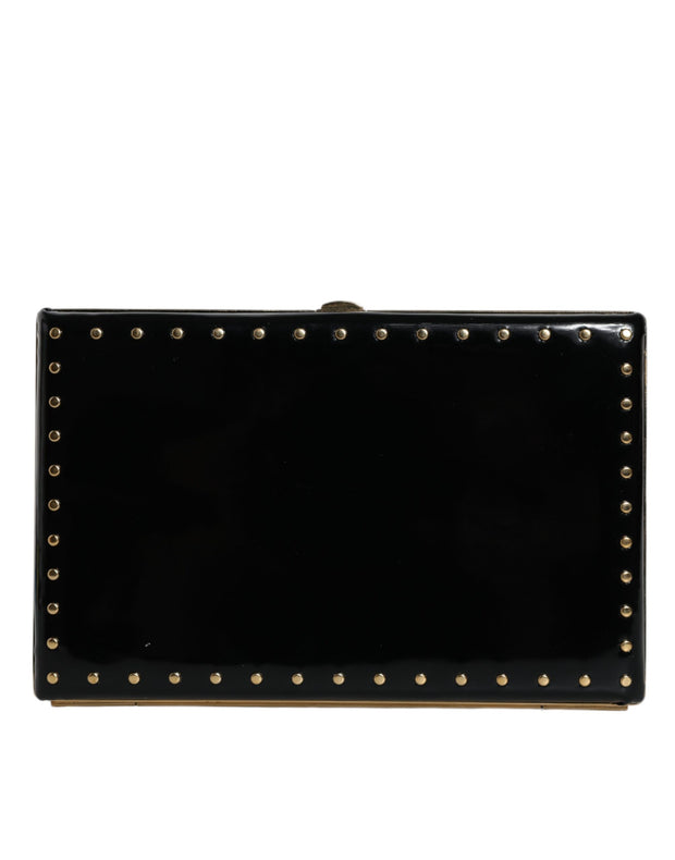 Black Leather Studs Gold Frame Clutch Evening Purse Bag Dolce & Gabbana