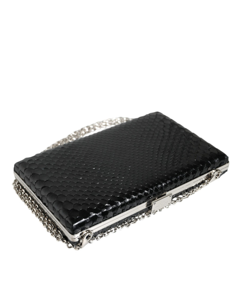 Black Leather Silver Frame Clutch Mini Crossbody Bag Dolce & Gabbana