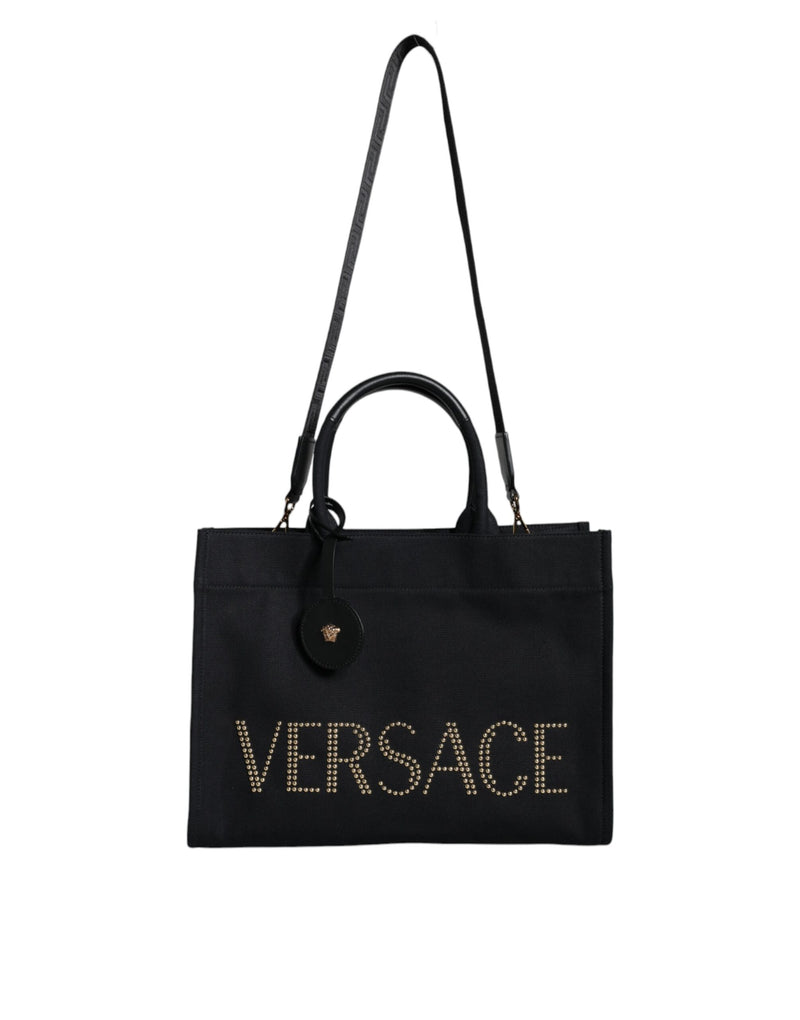 Black Top Handle Canvas Leather Logo Crossbody Tote Bag Versace