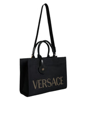 Black Top Handle Canvas Leather Logo Crossbody Tote Bag Versace